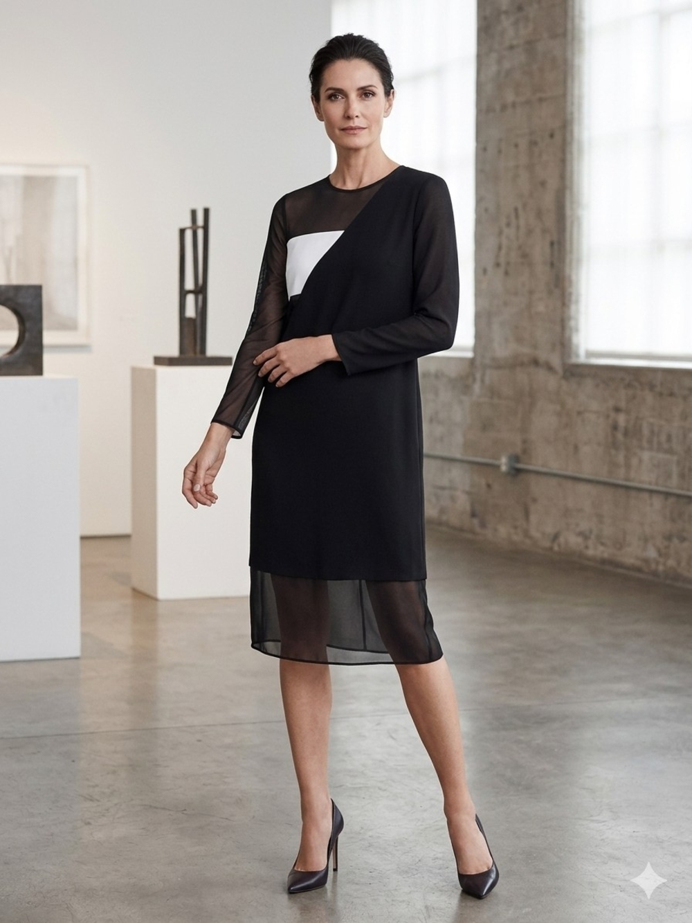 DKNY Black & White Shift Dress With Sheer Silk Details